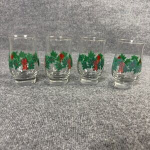 Vintage Libbey Glass Set of 4 Holly Berry Garland Gold Rim Holiday Tumbler